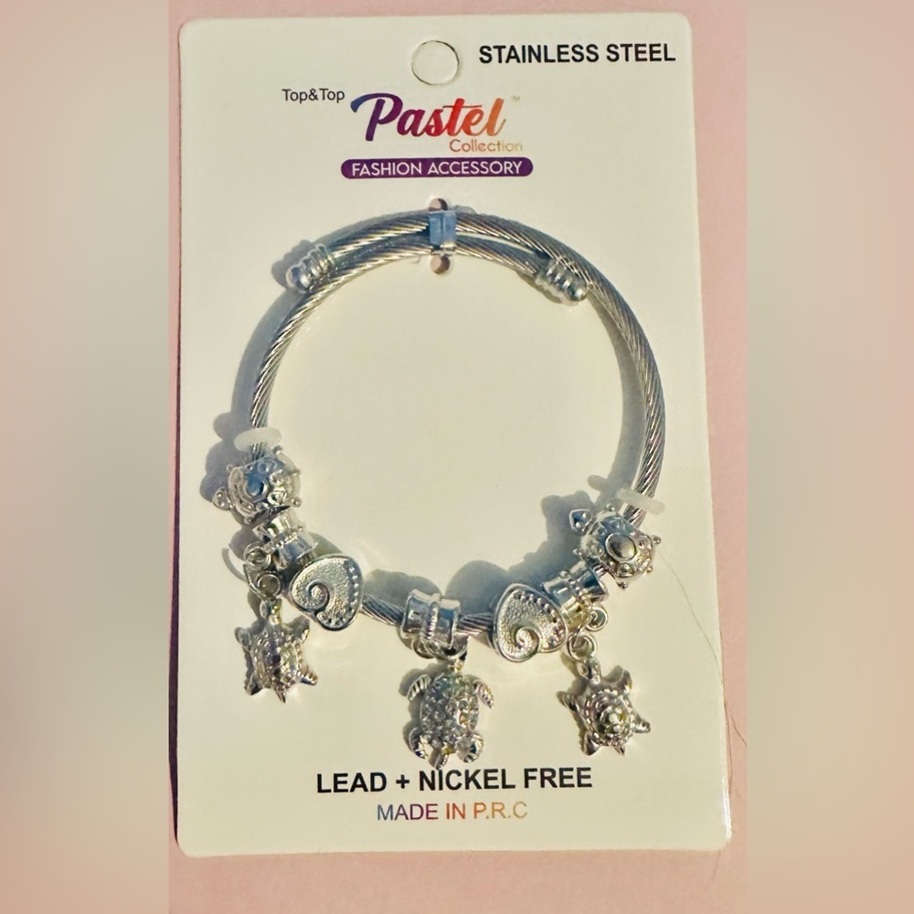 Stainless Steel Turtle and Heart Charm Bracelet Adjustable Lead and Nickel Free